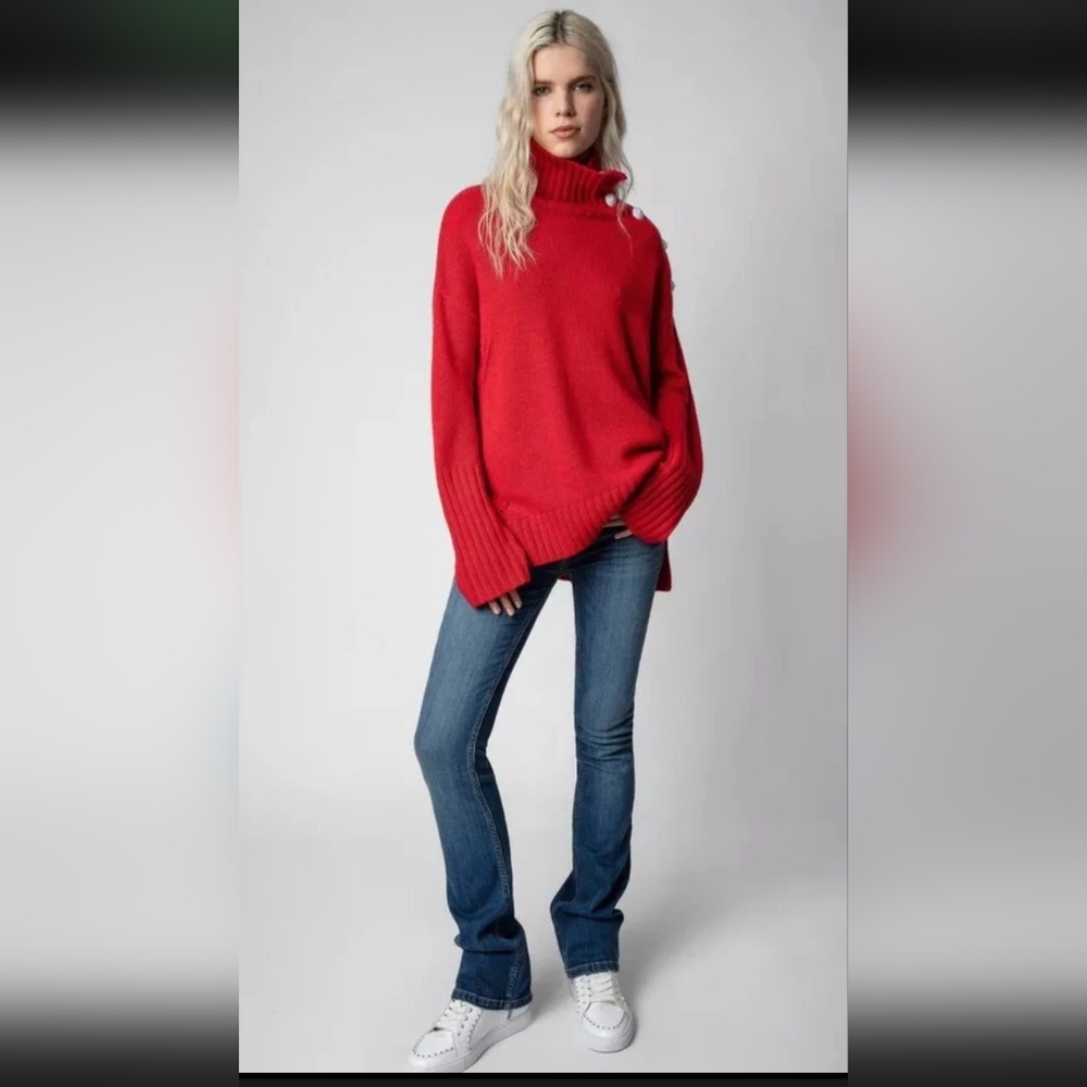 Zadig & Voltaire Alma Sweater 100% Cashmere Red Pullover Logo Buttons $868, XS